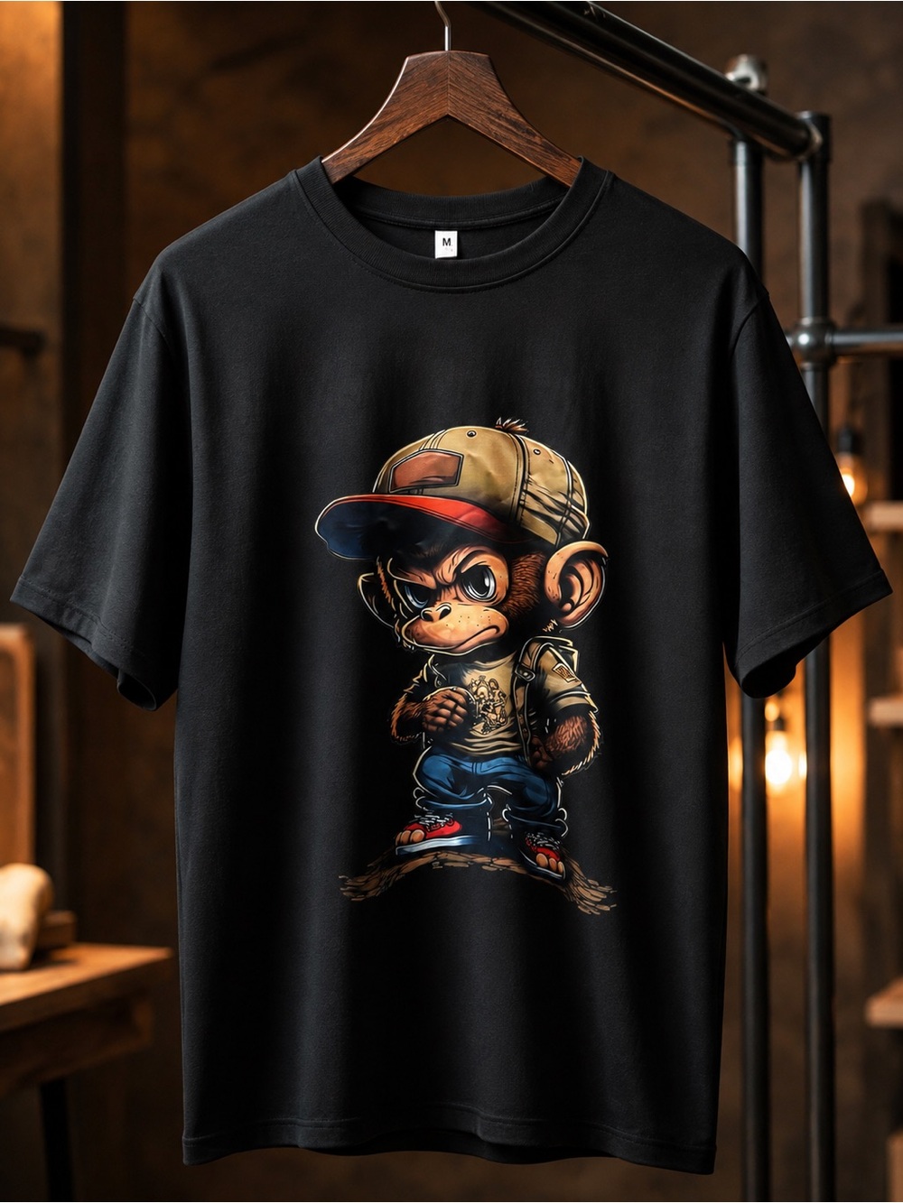 Black Graphic Tee with Cartoon Monkey Print